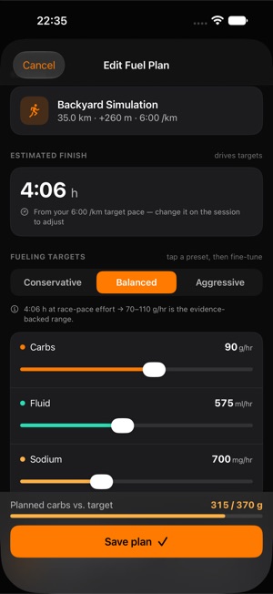 The fuel plan editor for a 35 km backyard simulation: an estimated finish of 4:06 h, Conservative, Balanced and Aggressive presets, and sliders for carbs at 90 g per hour, fluid at 575 ml per hour and sodium at 700 mg per hour.