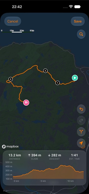 The route builder: a 13.2 km snapped route on a map with numbered waypoints and a finish flag, undo, redo and routing controls, and a card showing 394 m of climb, 282 m of descent, a 1:41 estimate and the elevation profile.
