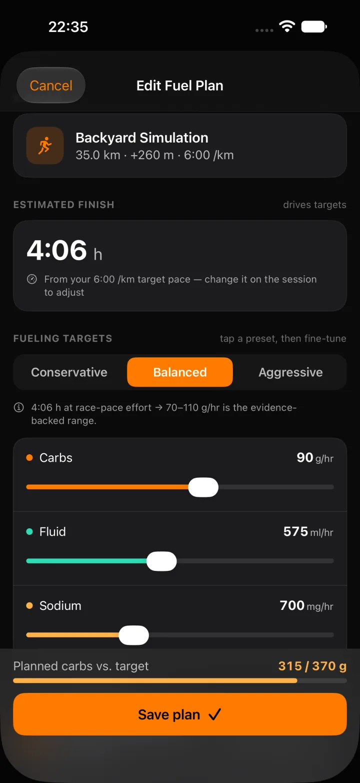 The fuel plan editor for a 35 km backyard simulation: an estimated finish of 4:06 h, Conservative, Balanced and Aggressive presets, and sliders for carbs at 90 g per hour, fluid at 575 ml per hour and sodium at 700 mg per hour, with planned carbs of 315 g against a 370 g target.