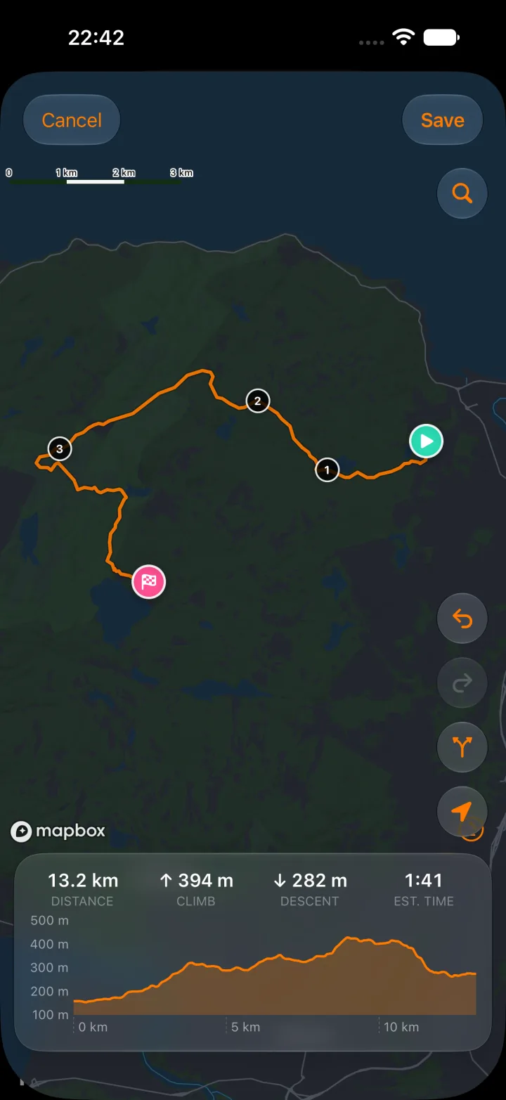 TrailForge's route builder on iPhone: a snapped orange route on a dark map, with 13.2 km distance, 394 m of climb, 282 m of descent, an estimated time of 1:41, and the elevation profile along the bottom.
