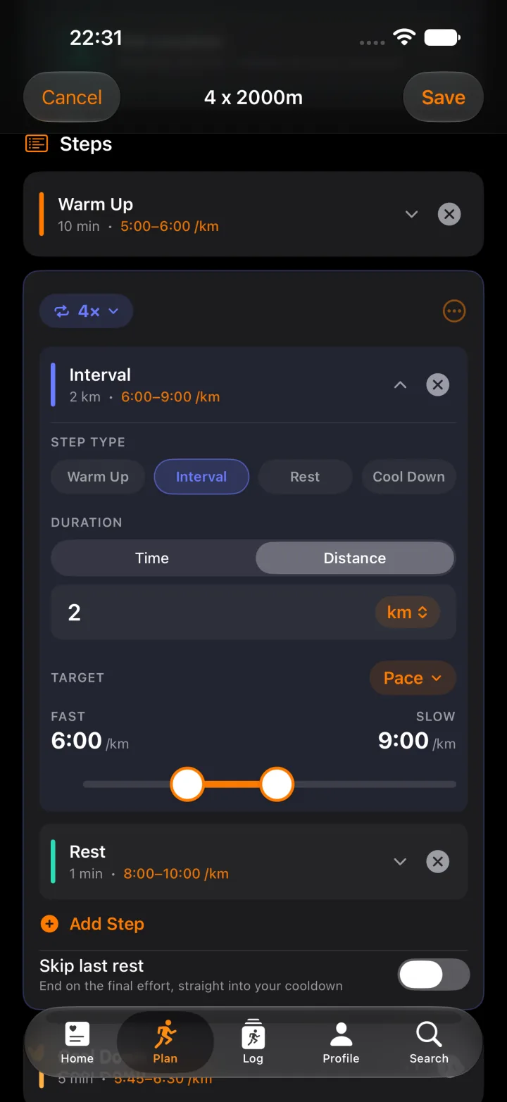 The workout editor building a 4×2000m session: a warm-up step, a 4× repeat block with a 2 km interval at a 6:00–9:00 per km pace range and a 1 min rest, and a Skip last rest toggle.
