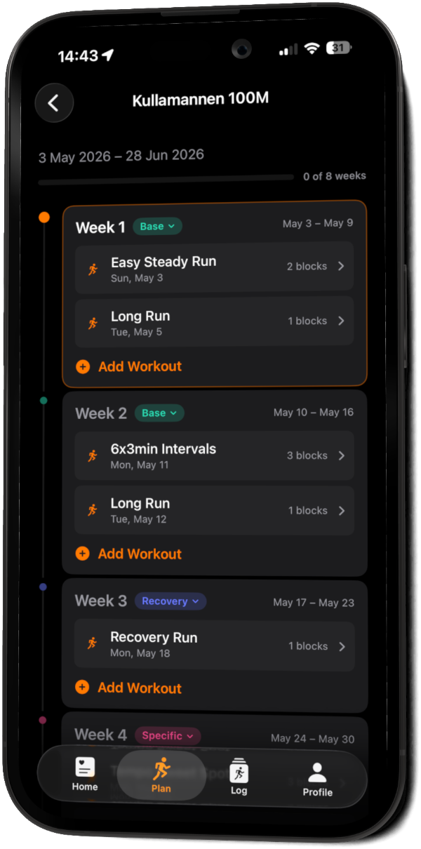 TrailForge on iPhone showing an eight-week training plan, with weeks tagged Base, Recovery and Specific and sessions listed under each.